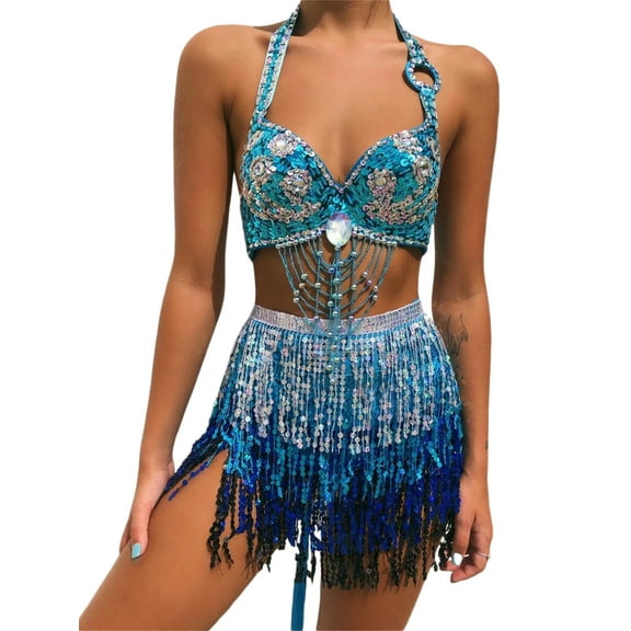 Lnzyyephy Women Sexy Belly Skirt, Sequined Fringe Miniskirt with Adjustable Waist Straps, Mini Skirt for Dance Performance, Rave Party