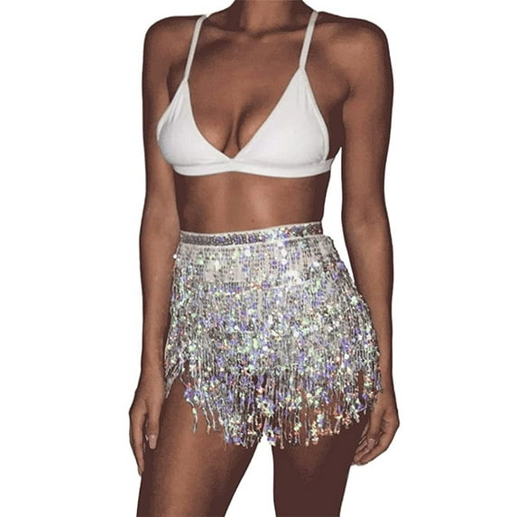 Lnzyyephy Women Sexy Belly Skirt, Sequined Fringe Miniskirt with Adjustable Waist Straps, Mini Skirt for Dance Performance, Rave Party