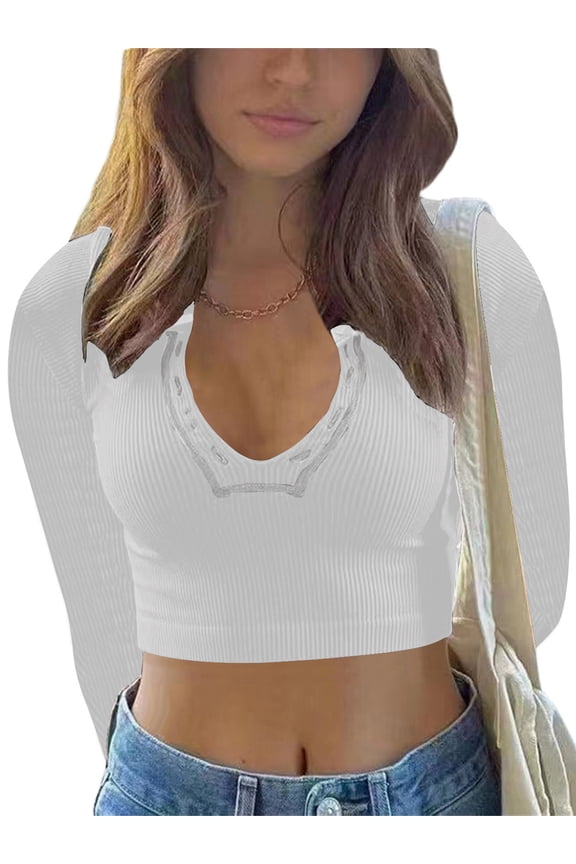 Women Short Top Shirt, Long Sleeve Patchwork Ribbed Front Button V-Neck Cropped Tops, Ladies Spring/Summer Slim Navel Shirt