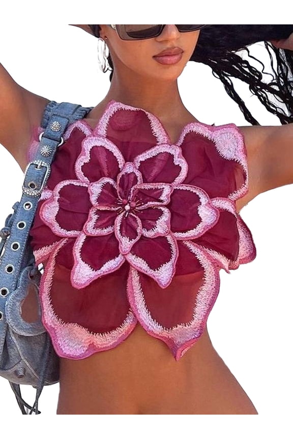 Women Short Vest Tops, Sleeveless Backless Lace Flower Casual Party Street Vest, Wine Red