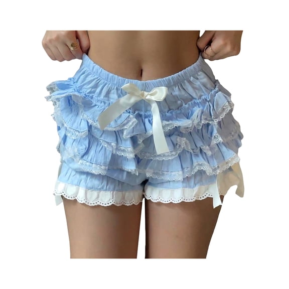Lnzyyephy Women Soft Comfy Sleep Shorts Lace Spliced Bow Elastic Waist Pajama Shorts Lounge Homewear Short Pants