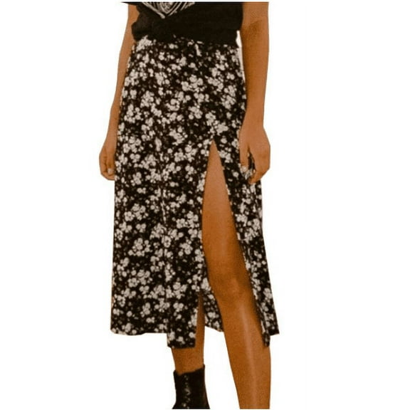 Lnzyyephy Women Summer Clothes, Leopard/Floral Printed High-Waist Half-Length Skirt with Thigh Slit for Girls, Black/Brown