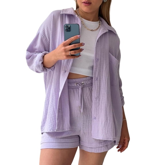 Lnzyyephy Women Summer Clothes Set Solid Color Pleated Long Sleeve Shirt and Casual Drawstring High Waist Shorts Clubwear