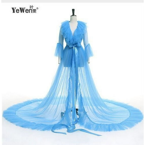 Lnzyyephy Women Summer Kimono Dress, Sheer Tulle V-Neck Long Flare Sleeves Floor-Length Night-Robe Lingerie, 4 Colors