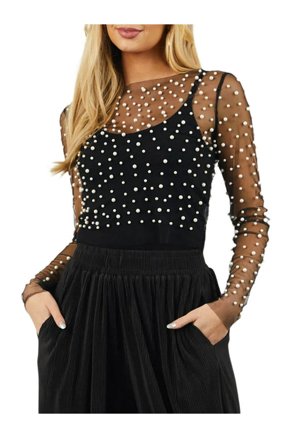 Women T-shirt, Long Sleeve Crew Neck See-through Pearls Slim Fit Ladies Tops for Club Party