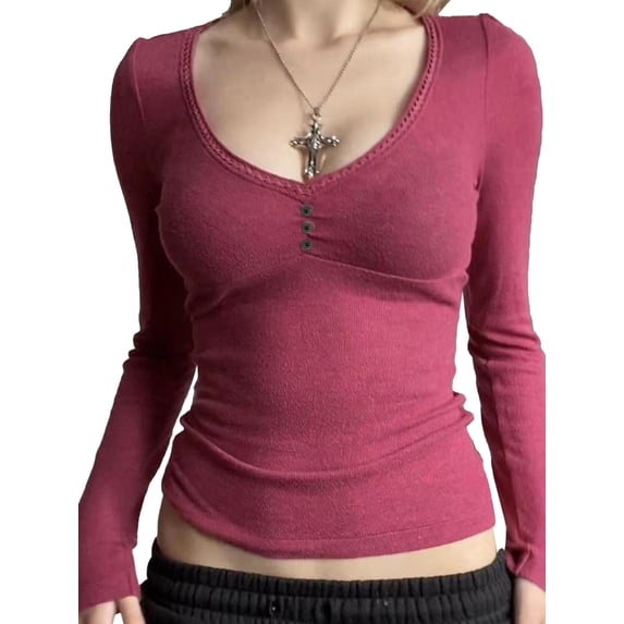 Lnzyyephy Women T-shirt Long Sleeve V Neck Solid Color Ladies Fall Tops Streetwear for Casual Daily