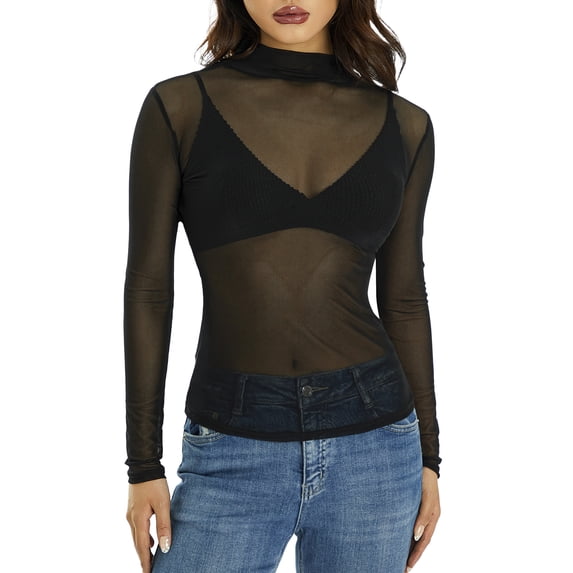 Lnzyyephy Women Top Shirt, Long Sleeve Solid Color Mock Neck Sheer Shirt, Slim-Fit Mesh See Through Wild Fashion Top