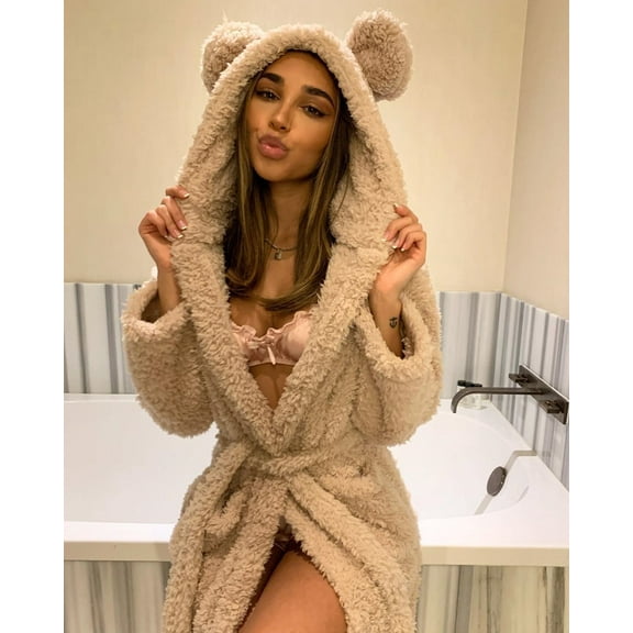 Lnzyyephy Women Winter Warm Night Robe Double-sided Plush Cute Animal Ears Hooded Nightgown Long Sleeve Lace-up Bath Robes Pajamas
