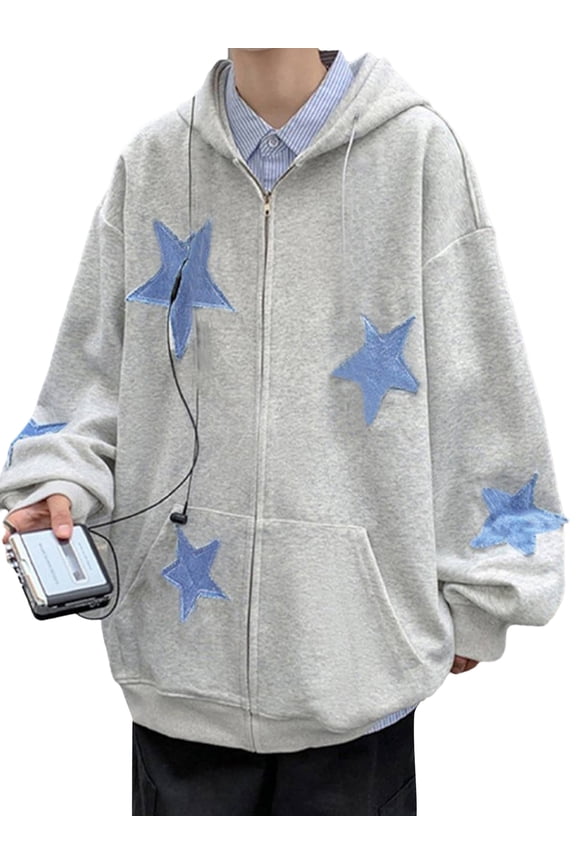 Women Zip Hoodies Star Pattern Casual Long Sleeve Sweatshirt Jacket with Pocket for Autumn Streetwear