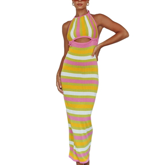 Lnzyyephy Women's Bohemian Bodycon Long Dress Sleeveless Tie Halter Neck Striped Print Knit Dress Beach Vacation Dress