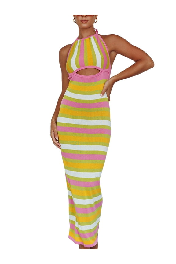 Women's Bohemian Bodycon Long Dress Sleeveless Tie Halter Neck Striped Print Knit Dress Beach Vacation Dress