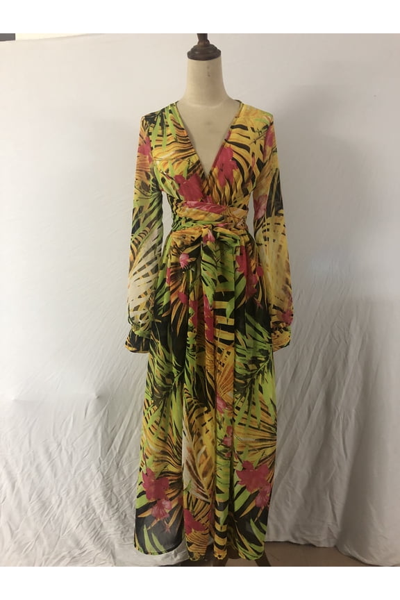 Women' s Boho Maxi Dress Tropical Floral Sundress Long Sleeve Loose Dresses Beach Dress