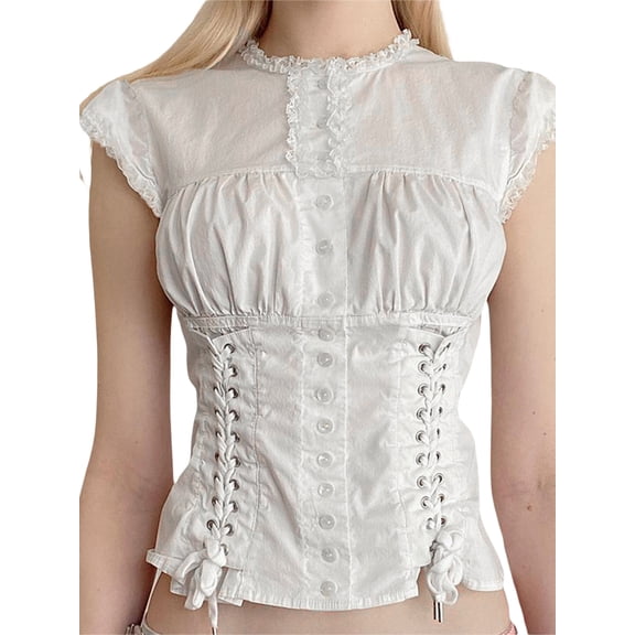 Lnzyyephy Women´s Button Down T-Shirts, Cap Sleeve Crew Neck Cross Tie-up Front Lace Trim Tops