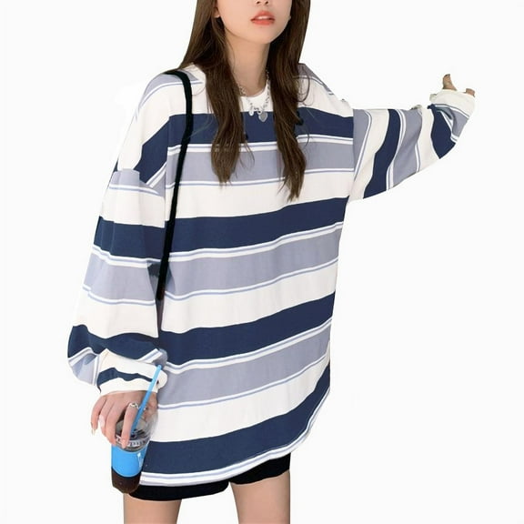 Lnzyyephy Women’s Casual Long Sleeve T-shirt Fashion Stripe Printing Round Neck Loose Pullover Tops