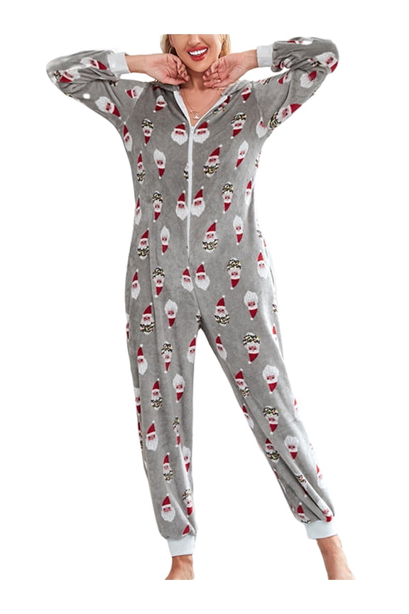 Women's Christmas Hooded Jumpsuit, Long Sleeve Zip Up V Neck Cartoon Print One Piece Pajamas