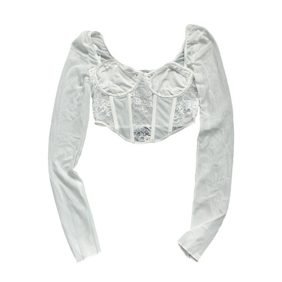 Lnzyyephy Women’s Corset Crop Tops, Long Sleeve Lace Patchwork Solid Color Asymmetrical Bustier T-Shirts