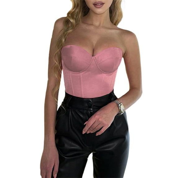 Lnzyyephy Women's Corset Tube Tops, Strapless Solid Color Boned Bustier Stretchy Bandeau Crop Tops