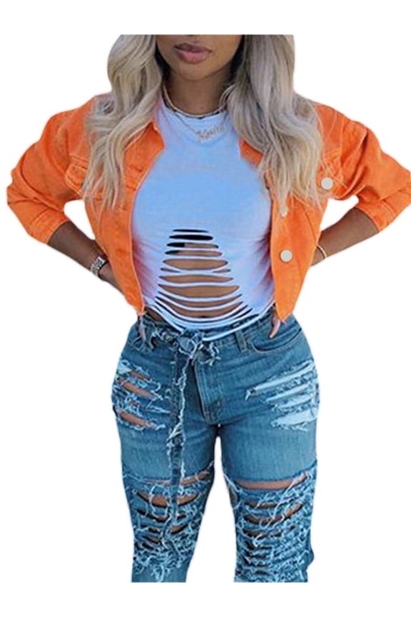 Women's Denim Short Coat, Solid Color Long Sleeve Lapel Jacket Button Down Distressed Hem Crop Jeans Coat