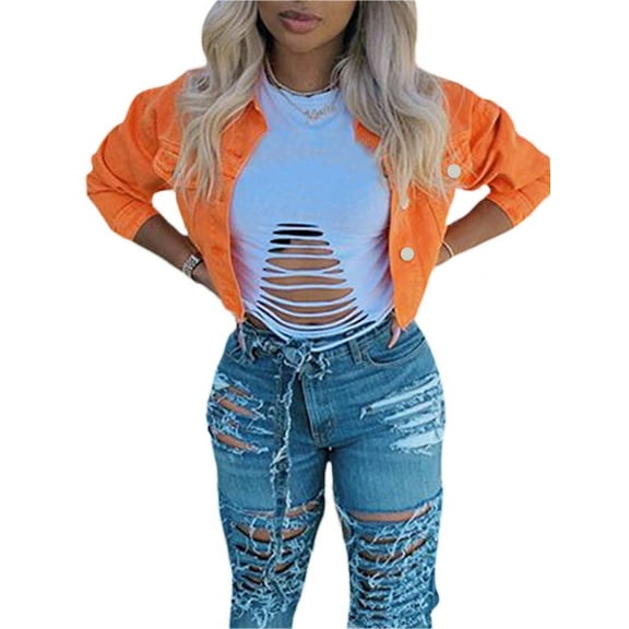 Lnzyyephy Women's Denim Short Coat, Solid Color Long Sleeve Lapel Jacket Button Down Distressed Hem Crop Jeans Coat