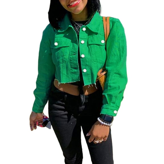 Lnzyyephy Women's Denim Short Coat, Solid Color Long Sleeve Lapel Jacket Button Down Distressed Hem Crop Jeans Coat