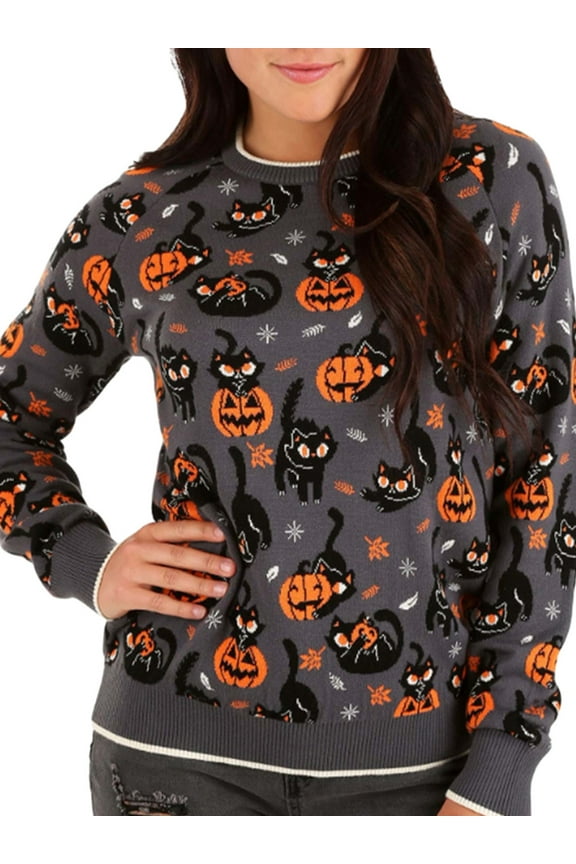 Women's Halloween Sweaters Cute Cartoon Print Long Sleeve Round Neck Pullover Casual Knit Tops