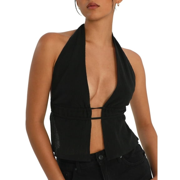 Lnzyyephy Women's Halter Tank Tops, Sleeveless Backless Split Front Ruched Drawstring Tops