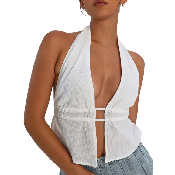 Lnzyyephy Women's Halter Tank Tops, Sleeveless Backless Split Front Ruched Drawstring Tops