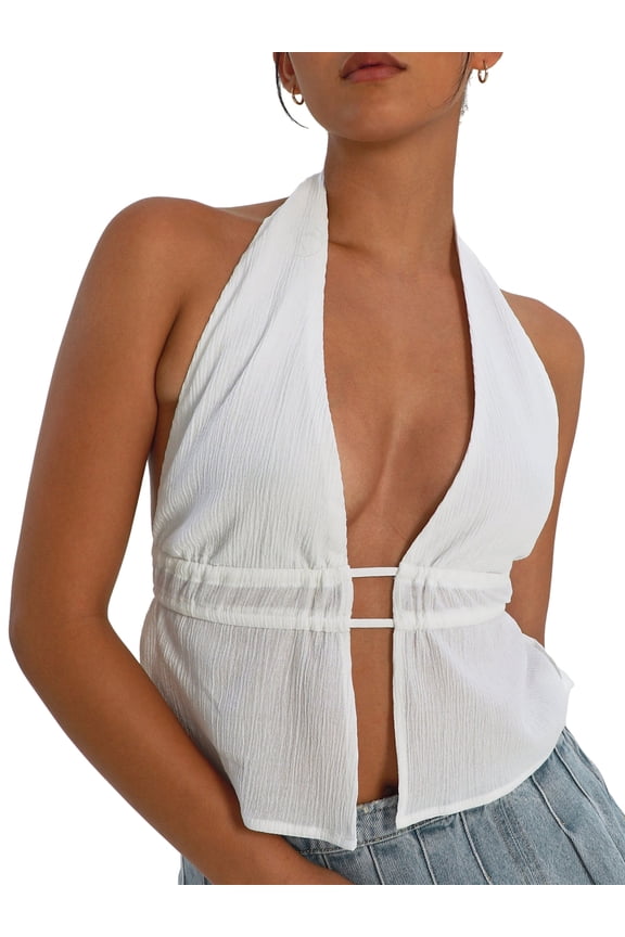 Women's Halter Tank Tops, Sleeveless Backless Split Front Ruched Drawstring Tops
