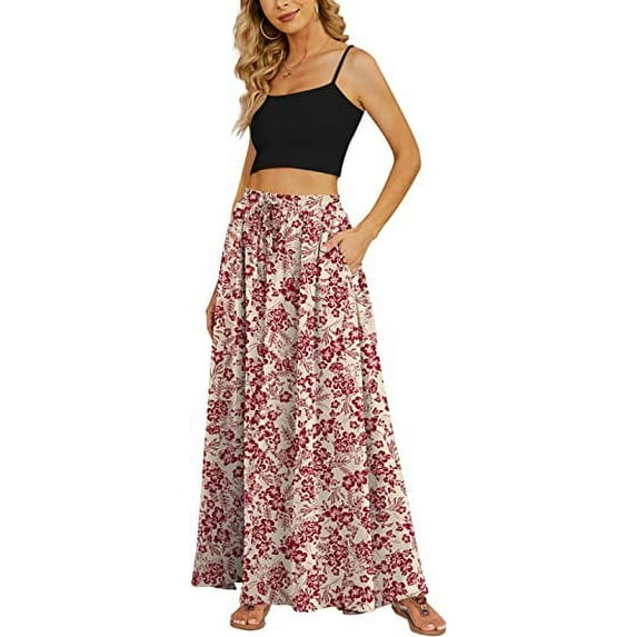 Lnzyyephy Women's High Waisted Long Skirt, Elegant Solid Flower Print Summer Swing Skirt
