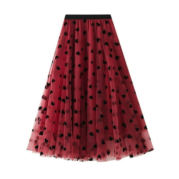 Lnzyyephy Women's Mid-Length Skirts, Heart Printed High Waist Mesh Vintage Style Skirts, Casual Simple Bottoms