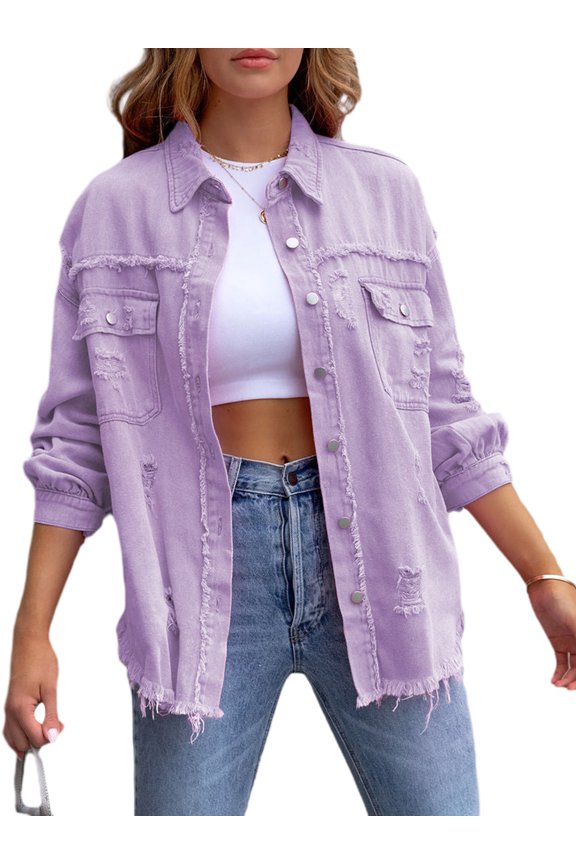 Women's Ripped Distressed Denim Jacket Long Sleeve Button Down Boyfriend Jean Coat Trucker Jacket