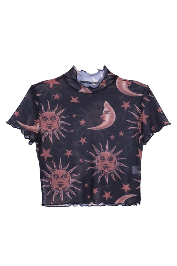 Women' s See-through Tee Tops Transparent Moon Star Print Short Sleeve Ruffle Casual T-shirt