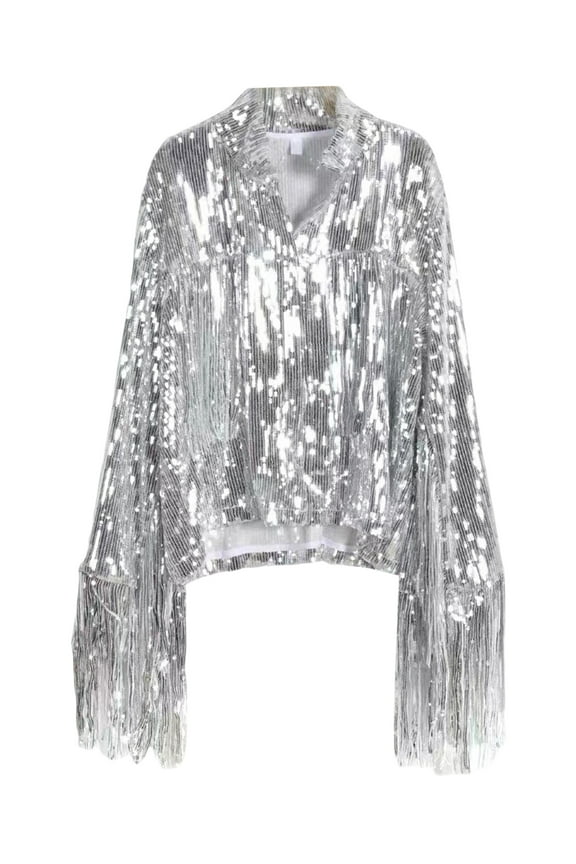 Women's Sequin Party Jackets Sparkly Long Sleeve Open Front Tassel Jackets Blazers Clubwear