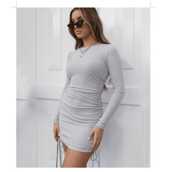 Lnzyyephy Women’s Sexy Dress, Long Sleeve Round Neck Slim Side Elastic Straps Dress, Knitted Hip Dress for Vacation, Beach, Parties