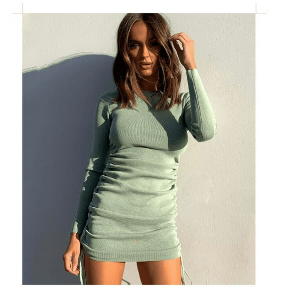 Lnzyyephy Women’s Sexy Dress, Long Sleeve Round Neck Slim Side Elastic Straps Dress, Knitted Hip Dress for Vacation, Beach, Parties