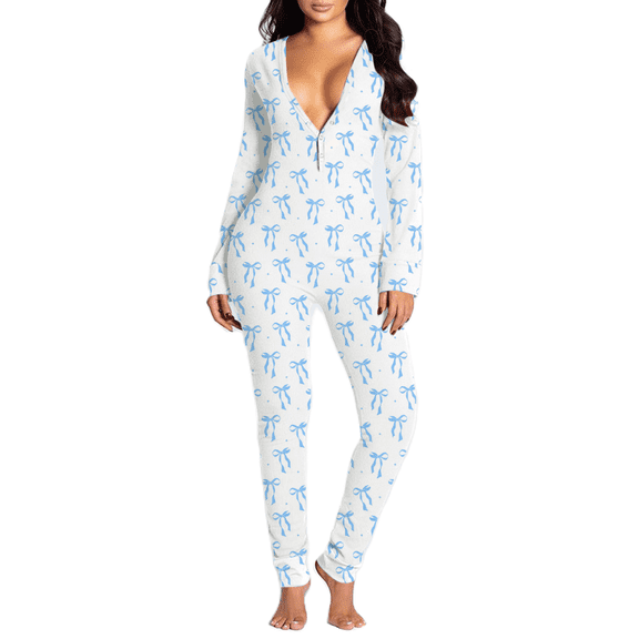 Lnzyyephy Women's Sleeping Romper, Christmas Pajamas, Long Sleeve V-Neck Printed Loose Detachable Crotch Elastic Home Clothes