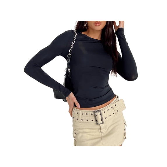 Lnzyyephy Women's Spring Autumn Slim Solid Color Tops Long Sleeve Round Neck Streetwear Blouse