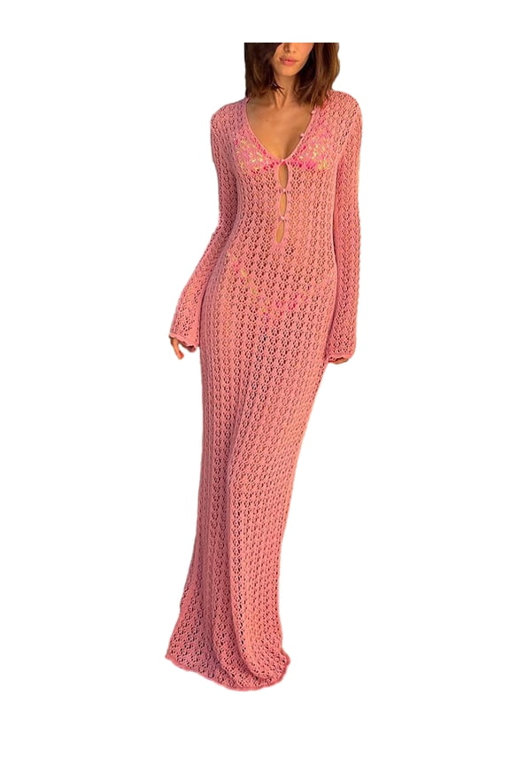 Women's Summer Bikini Cover-Up, Long Sleeve V Neck Keyhole Front Hollow Out Crochet Slim Long Dress