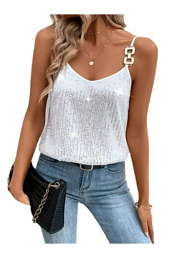 Women´s Summer Sequin Cami Tops Spaghetti Strap V-Neck Sparkle Shimmer Loose Sleeveless Tanks Tops