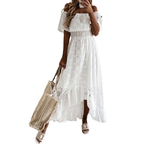 Lnzyyephy Womenacute;s Casual Dress, Off Shoulder Short Sleeve Middle Waist Lace Embroidered Solid Color Irregular Dresses
