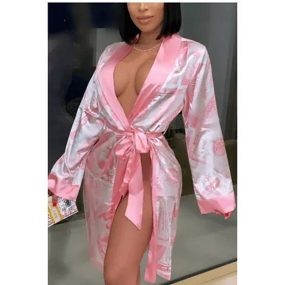 Lnzyyephy Womenacute;s Satin Robe, Trendy Dollar Print Long Sleeve Silky Kimono Bathrobe Sleepwear with Belt
