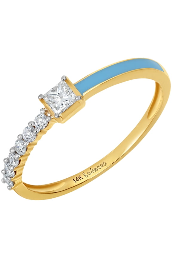 Genuine Diamond Sky Blue Enamel Ring in 14K Yellow 0.28 Total Carat Weight