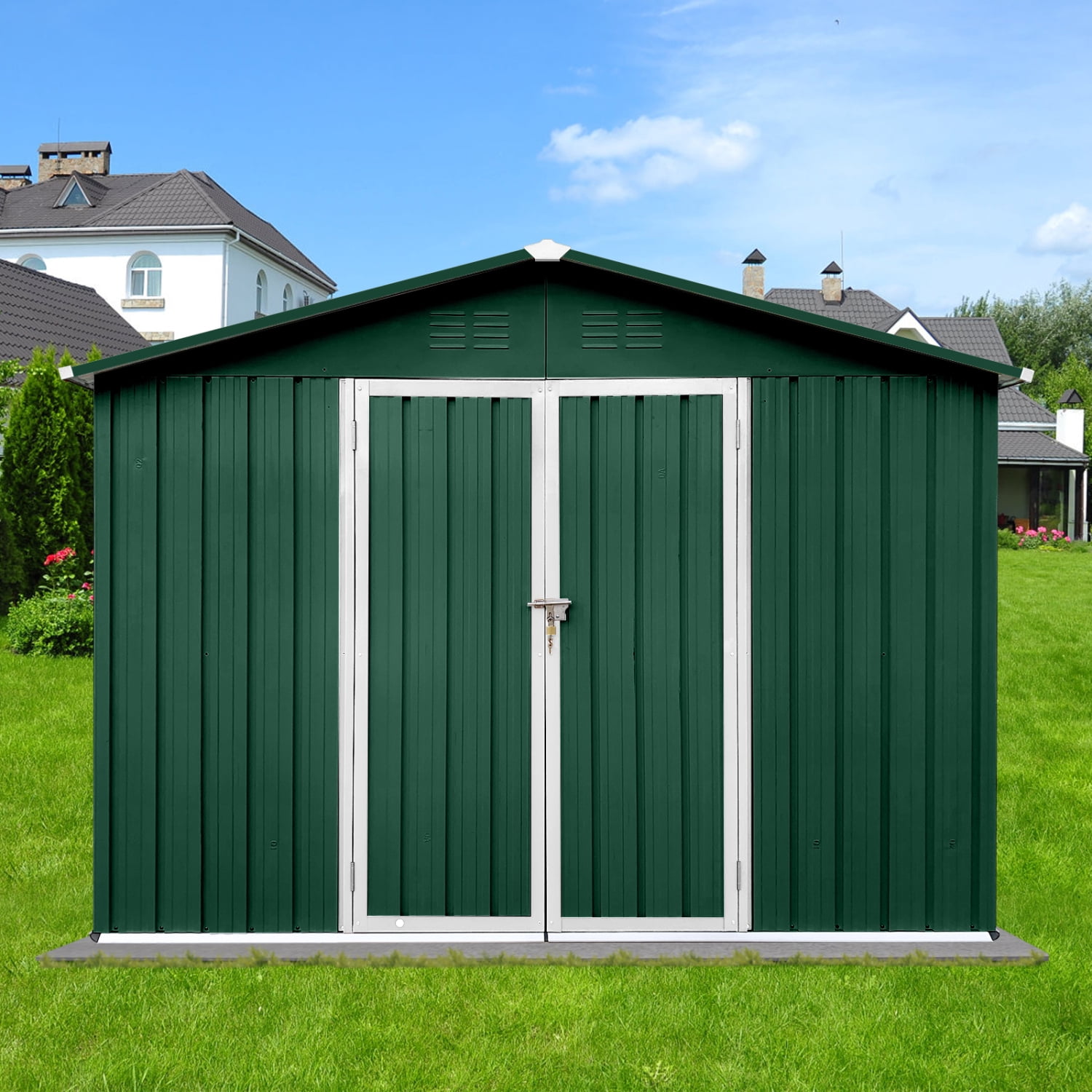 LoLado 10x8 FT Outdoor Metal Storage Sheds, Garden Sheds Waterproof with Lockable Doors, for Backyard, Lawn, Green+White