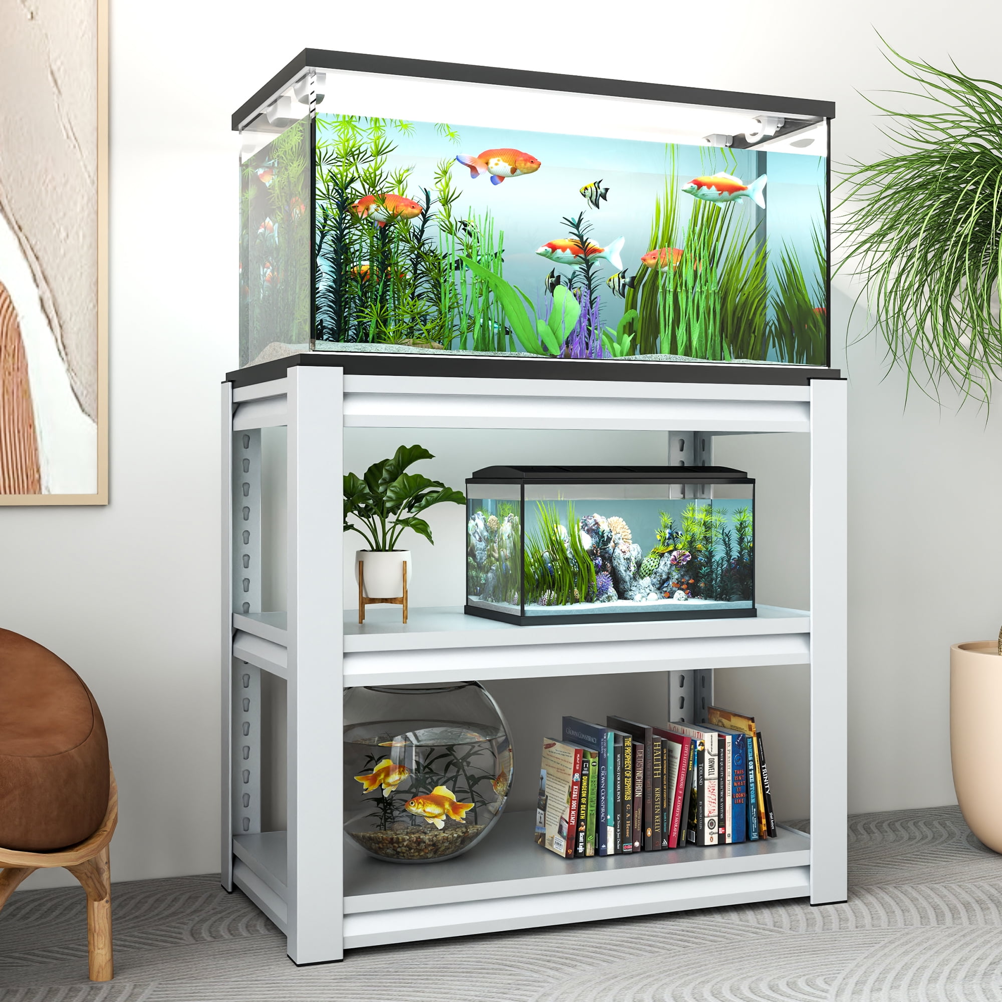 White Adjustable 3-Tier Metal Aquarium Stand with Shelves