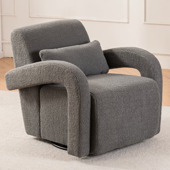 LoLado Cozy Teddy Fabric Upholstered Armchair, 360° Rotatable Modern Sturdy Lounge Chair with Curved Arms and Thick Cushioning for Living Room Bedroom, Dark Gray