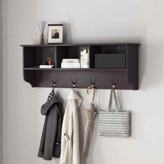 LoLado Entryway Wall Mounted Coat Rack with 4 Dual Hooks Living Room Wooden Storage Shelf, Espresso