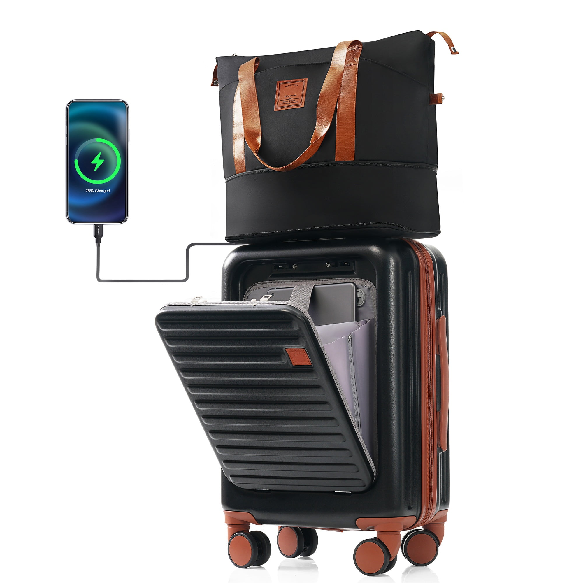 LoLado Front Opening 20in Carry-on Luggage with Expandable Travel Bag Set, ABS Hard Shell Two-piece Travel Suitcase Set with USB Port, Cup Holder, Black