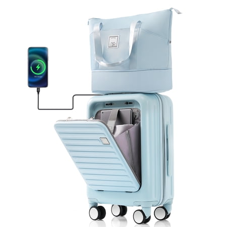 LoLado Front Opening 20in Carry-on Luggage with Expandable Travel Bag Set, ABS Hard Shell Two-piece Travel Suitcase Set with USB Port, Cup Holder, Light Blue