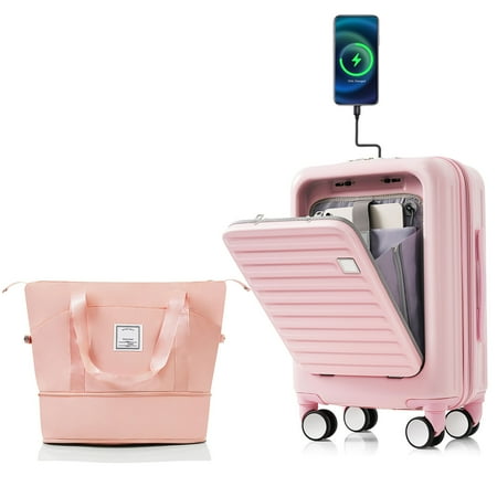 LoLado Front Opening 20in Carry-on Luggage with Expandable Travel Bag Set, ABS Hard Shell Two-piece Travel Suitcase Set with USB Port, Cup Holder, Pink