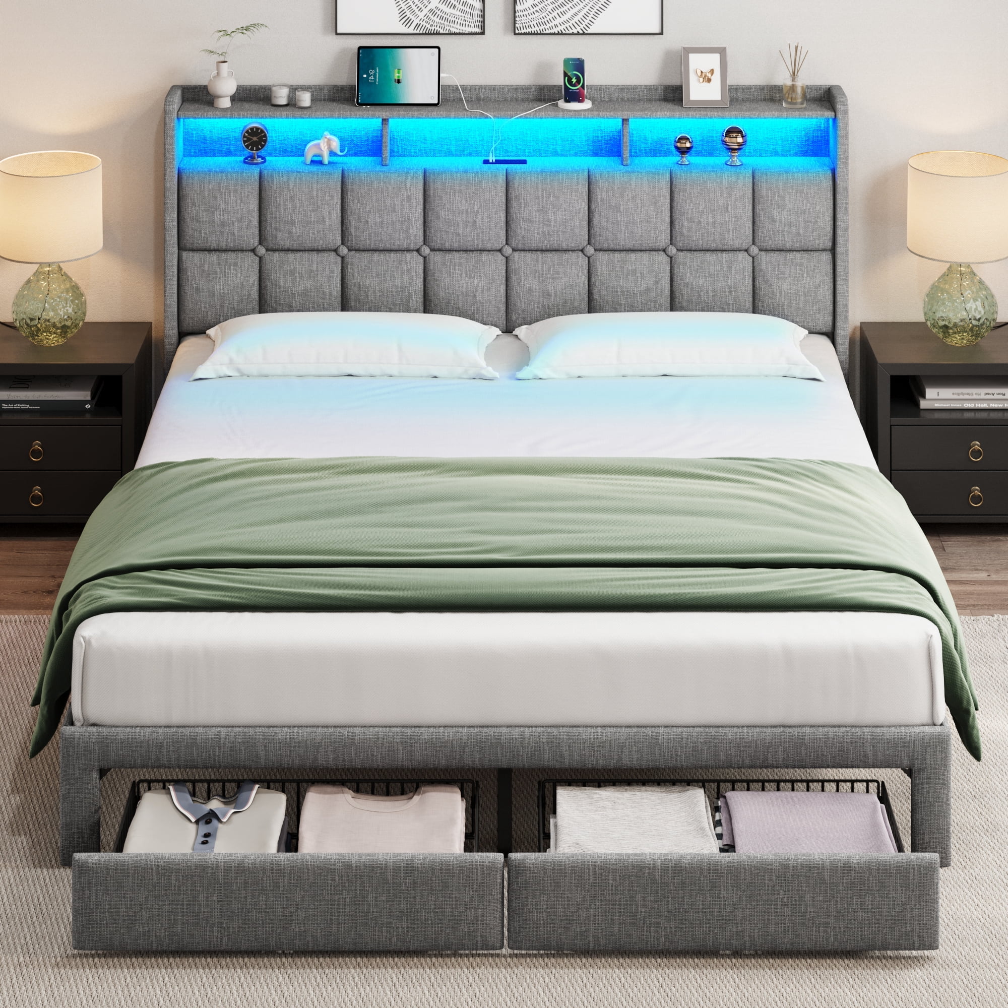 LoLado LED King Size Bed Frame with 2 Storage Drawers, Upholstered King ...